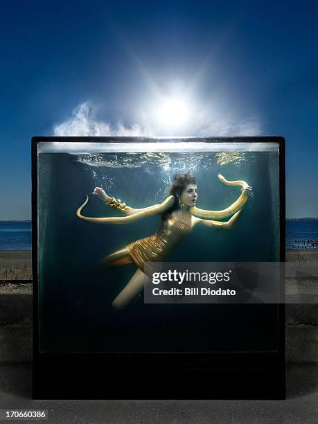 fashionable female in water tank with snake - underwater female models stock pictures, royalty-free photos & images