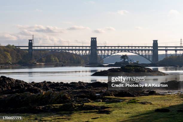 britannia bridge, menai straits, north wales - menai bridge stock pictures, royalty-free photos & images