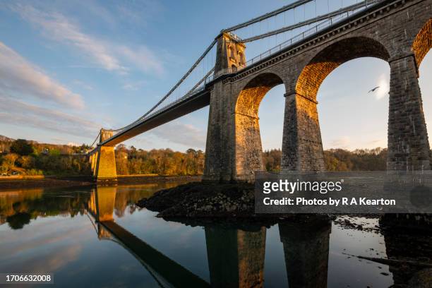 menai suspension bridge at sunset, anglesey, wales - 安格爾西 北威爾斯 個照片及圖片檔