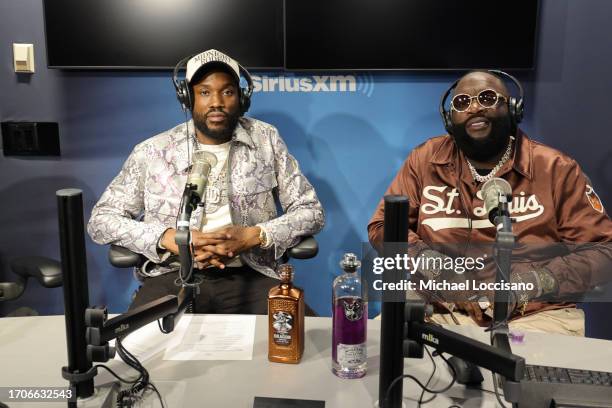 Meek Mill and Rick Ross visit SiriusXM Studios on September 28, 2023 in New York City.