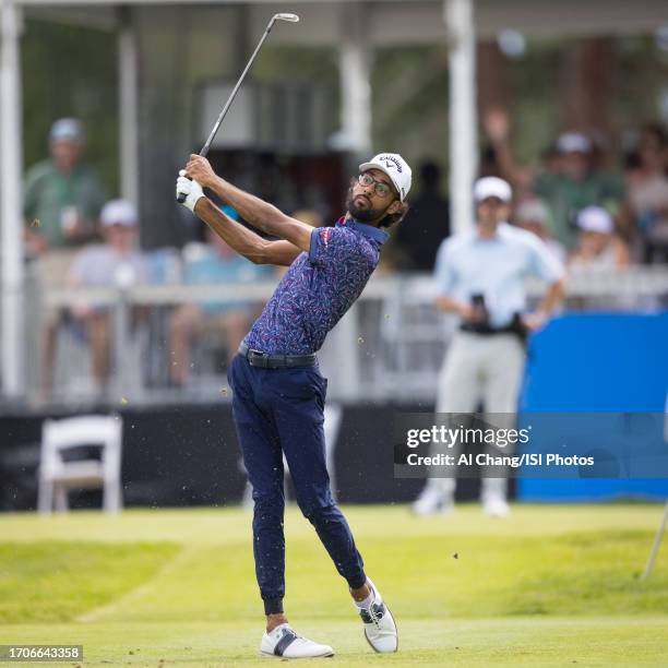 Akshay Bhatia of the United States tees off on hole during the final round of the Barracuda Championship at Old Greenwood on July 23, 2023 in...