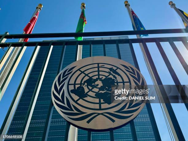 The United Nations logo is seen at UN headquarters in New York on October 4, 2023.