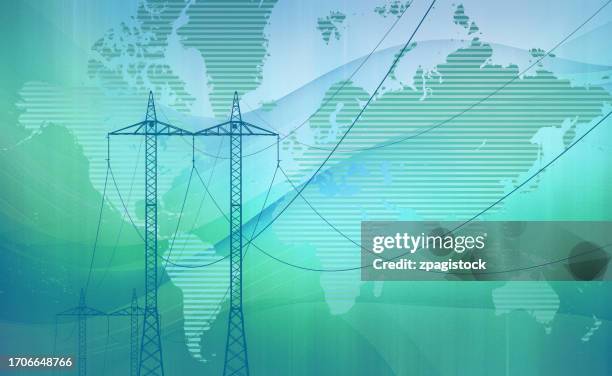 powering the world - electricity pylons on a global world map background - crisis de petróleo fotografías e imágenes de stock