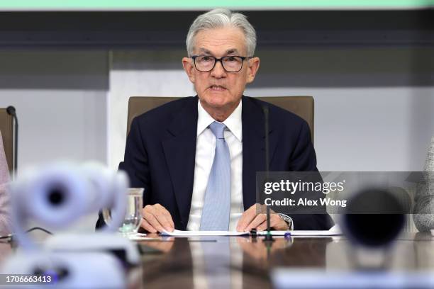 Federal Reserve Board Chairman Jerome Powell speaks during a teacher town hall meeting at the Federal Reserve on September 28, 2023 in Washington,...