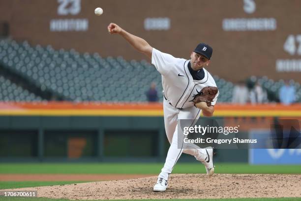 Alex Lange of the Detroit Tigers throws a ninth inning pitch against the Kansas City Royals at Comerica Park on September 28, 2023 in Detroit,...