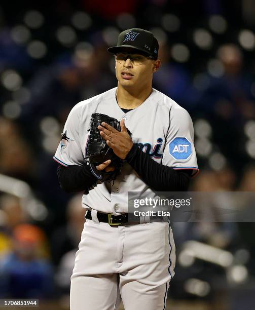 Jesus Luzardo of the Miami Marlins reacts after recording his 200th strikeout this season after striking out Pete Alonso of the New York Mets in the...