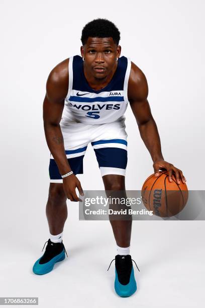 Anthony Edwards of the Minnesota Timberwolves poses for a portrait during media day at Target Center on September 28, 2023 in Minneapolis, Minnesota.