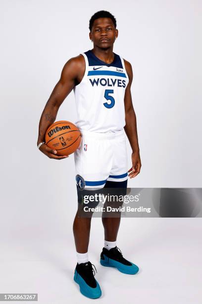 Anthony Edwards of the Minnesota Timberwolves poses for a portrait during media day at Target Center on September 28, 2023 in Minneapolis, Minnesota.