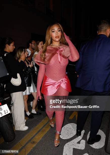 Jordyn Woods is seen arriving to the Rhode launch event during Paris Fashion Week on September 28, 2023 in Paris, France.