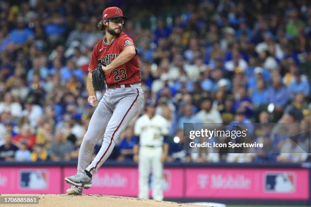 Arizona Diamondbacks starting pitcher Zac Gallen pitches during a 2023 National League Wildcard Series game between the Milwaukee Brewers and the...