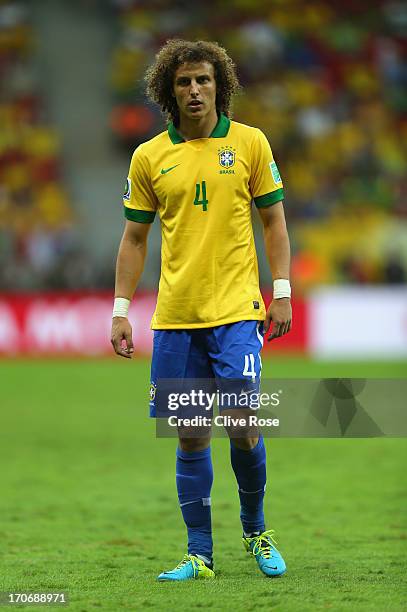 David Luiz of Brazil looks on during the FIFA Confederations Cup Brazil 2013 Group A match between Brazil and Japan at National Stadium on June 15,...