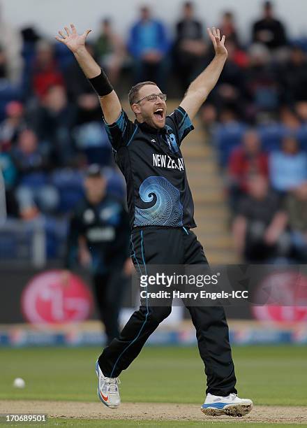Daniel Vettori of New Zealand appeals for a wicket during the ICC Champions Trophy group A match between England and New Zealand at the SWALEC...