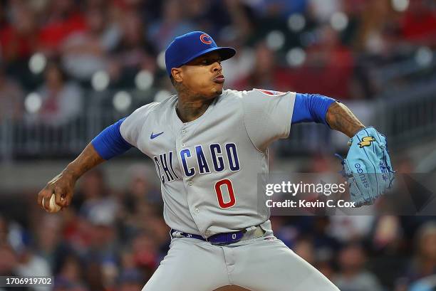 Marcus Stroman of the Chicago Cubs pitches in the first inning against the Atlanta Braves at Truist Park on September 28, 2023 in Atlanta, Georgia.