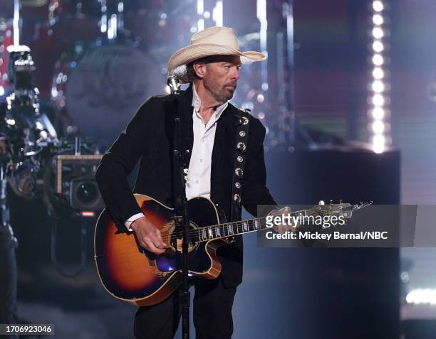 Pictured: Toby Keith performs on stage during the 2023 People's Choice Country Awards held at the Grand Ole Opry House on September 28, 2023 in...
