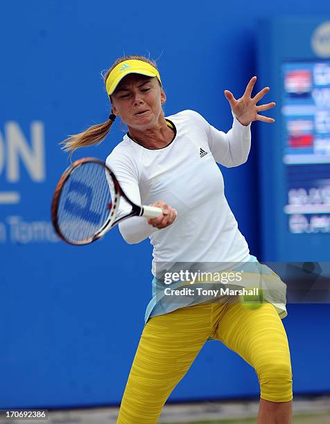 Daniela Hantuchova of Slovakia returns a shot against Donna Vekic celebrates of Croatia during the Final of the AEGON Classic Tennis Tournament at...