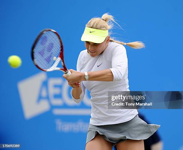 Donna Vekic of Croatia returns a shot against Daniela Hantuchova of Slovakia in the during Final of the AEGON Classic Tennis Tournament at Edgbaston...