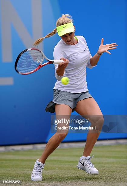 Donna Vekic of Croatia returns a shot against Daniela Hantuchova of Slovakia in the during Final of the AEGON Classic Tennis Tournament at Edgbaston...
