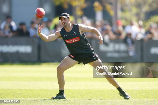 Scott Pendlebury of the Magpies in action during a Collingwood Magpies AFL training session at AIA Centre on September 29, 2023 in Melbourne,...