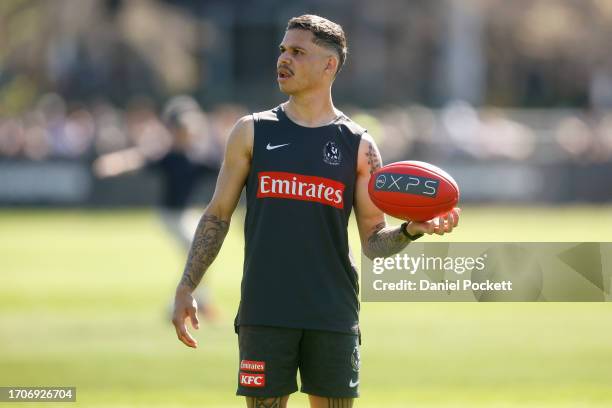 Bobby Hill of the Magpies looks on during a Collingwood Magpies AFL training session at AIA Centre on September 29, 2023 in Melbourne, Australia.