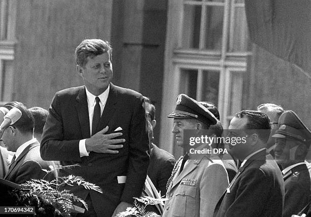 Picture taken on June 26, 1963 shows then US President John F Kennedy giving a speech at the Schoeneberg city hall in Berlin, where he said his...