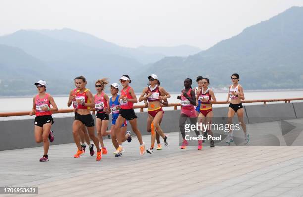 Athletes compete during the women's marathon final at the 19th Asian Games on October 5, 2023 in Hangzhou, Zhejiang Province in east China.