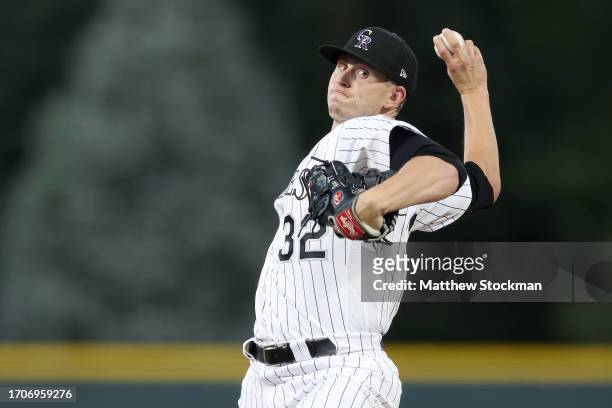 Starting pitcher Chris Flexen of the Colorado Rockies throws against the Los Angeles Dodgers in the first inning at Coors Field on September 28, 2023...