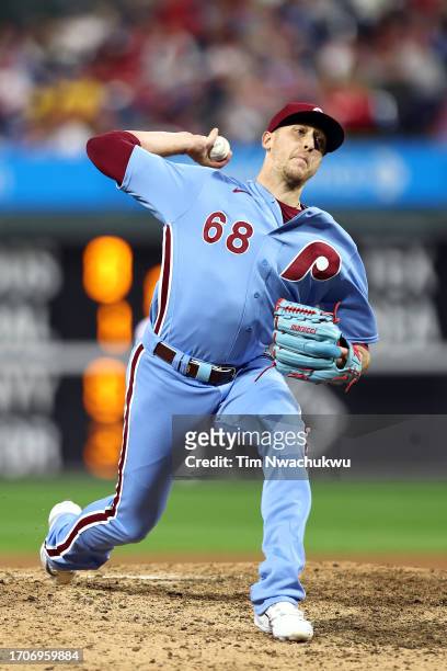 Jeff Hoffman of the Philadelphia Phillies pitches during the eighth inning against the Pittsburgh Pirates at Citizens Bank Park on September 28, 2023...