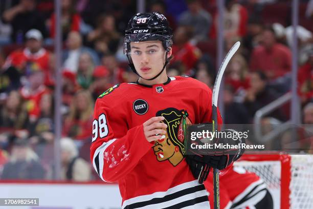 Connor Bedard of the Chicago Blackhawks looks on against the St. Louis Blues during the first period of a preseason game at the United Center on...