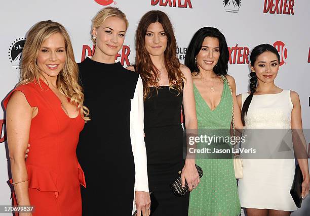 Actresses Julie Benz, Yvonne Strahovski, Jennifer Carpenter, Jaime Murray and Aimee Garcia attend the "Dexter" series finale season premiere party at...