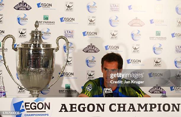 Champion Andy Murray of Great Britain speaks to the media following the Men's Singles final against Marin Cilic of Croatia on day seven of the AEGON...