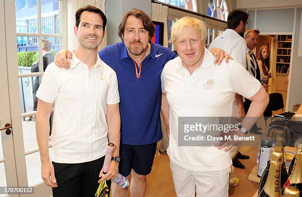Jimmy Carr, Jonathan Ross and Boris Johnson attend The Moet & Chandon Suite at The Aegon Championships Queens Club finals on June 16, 2013 in London,...