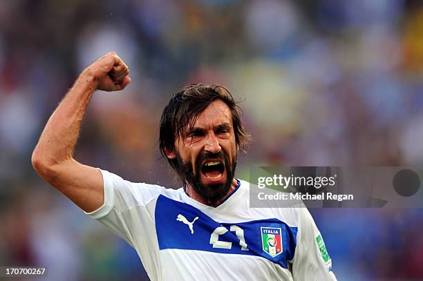 Andrea Pirlo of Italy celebrates scoring the opening goal during the FIFA Confederations Cup Brazil 2013 Group A match between Mexico and Italy at...