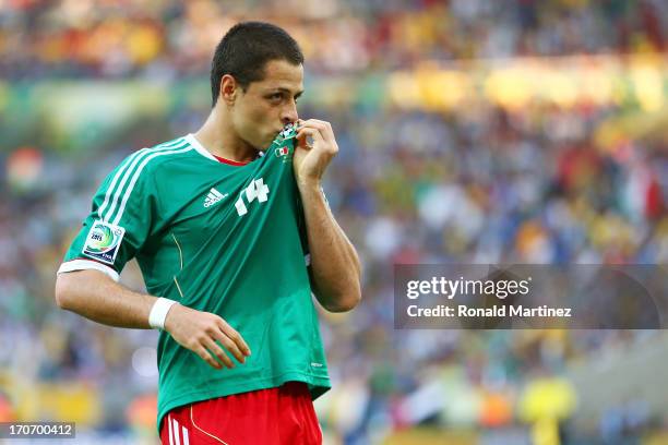 Javier Hernandez of Mexico celebrates scoring his team's first goal from a penalty kick to make the score 1-1 during the FIFA Confederations Cup...