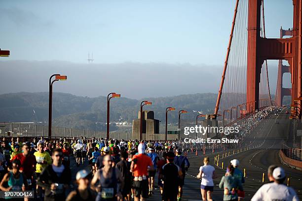 Runners cross the Golden Gate Bridge during the 2013 San Francisco Marathon and Half-Marathon on June 16, 2013 in San Francisco, California.