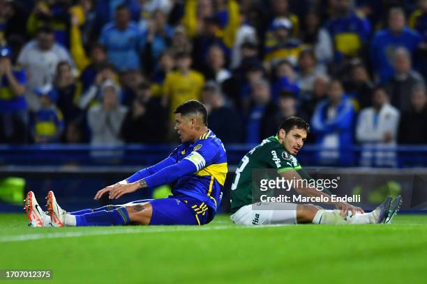 Marcos Rojo of Boca Juniors and Raphael Veiga of Palmeiras react during the Copa CONMEBOL Libertadores 2023 semi-final first leg match between Boca...
