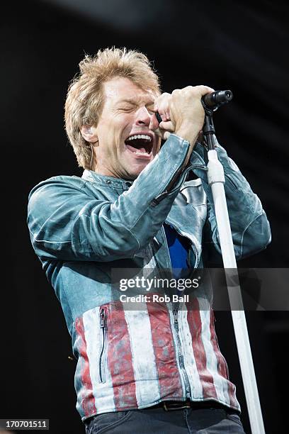 Jon Bon Jovi from Bon Jovi headlines day 4 of the Isle of Wight Festival at Seaclose Park on June 16, 2013 in Newport, Isle of Wight.