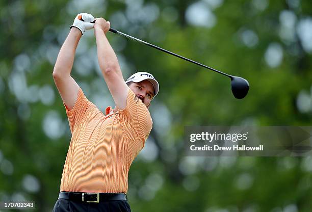 Edward Loar of the United States hits his tee shot on the fourth hole during the final round of the 113th U.S. Open at Merion Golf Club on June 16,...