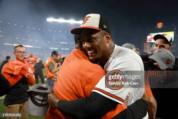 Yennier Cano of the Baltimore Orioles celebrates on the field after the Orioles defeated the Boston Red Sox to win the American League East at Oriole...