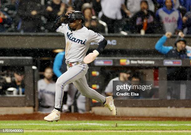 Jazz Chisholm Jr. #2 of the Miami Marlins scores in the ninth inning against the New York Mets at Citi Field on September 28, 2023 in the Flushing...