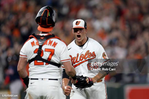 Pitcher Tyler Wells and catcher James McCann of the Baltimore Orioles celebrate the final out after the Orioles defeated the Boston Red Sox to win...