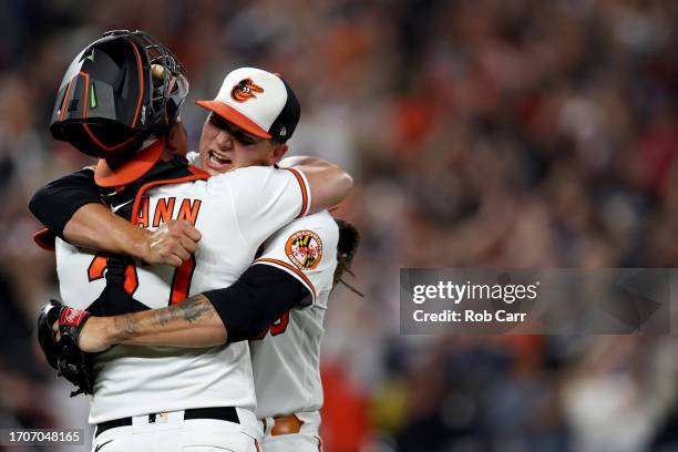 Pitcher Tyler Wells and catcher James McCann of the Baltimore Orioles celebrate the final out after the Orioles defeated the Boston Red Sox to win...