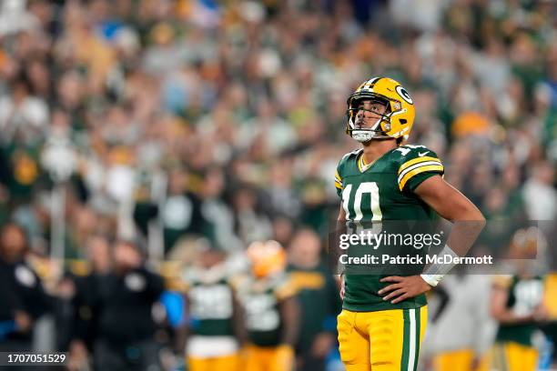 Jordan Love of the Green Bay Packers reacts against the Detroit Lions during the third quarter in the game at Lambeau Field on September 28, 2023 in...