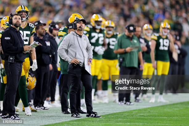 Head coach Matt LaFleur of the Green Bay Packers looks on against the Detroit Lions during the third quarter in the game at Lambeau Field on...