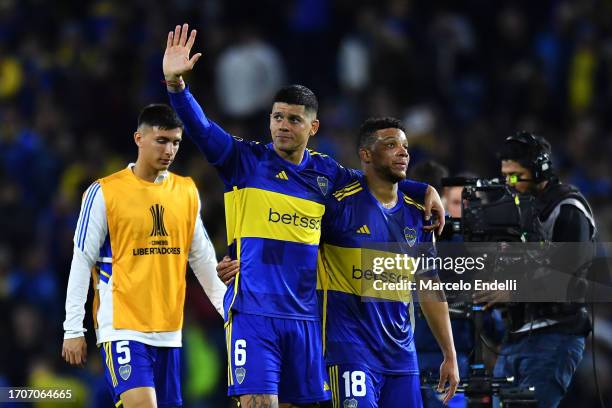Marcos Rojo of Boca Juniors waves to fans after during the Copa CONMEBOL Libertadores 2023 semi-final first leg match between Boca Juniors and...