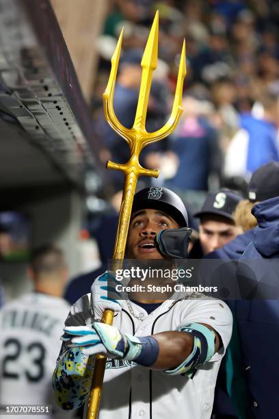 Julio Rodriguez of the Seattle Mariners celebrates his solo home run during the fourth inning against the Texas Rangers at T-Mobile Park on September...