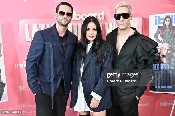 Christopher von Uckermann, Maite Perroni and Christian Chávez in the green room at the Faena Forum as part of Billboard Latin Music Week on October...