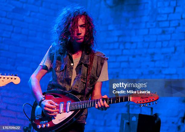 Musician Samuel Shea of Spires performs during the 2013 Northside Festival at the Jameson Black Barrel Lounge at Villain on June 16, 2013 in the...