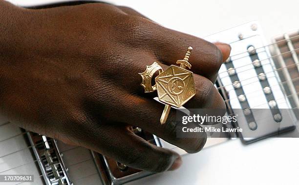 Detail of musician Petite Noir's ring as he performs during the 2013 Northside Festival at McCarren Park on June 16, 2013 in the Brooklyn borough of...