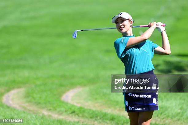 Rei Matsuda of Japan hits her second shot on the 9th hole during the second round of the Japan Women's Open Golf Championship at Awara Golf Club Umi...