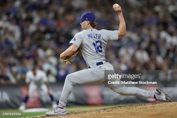 Pitcher Shelby Miller of the Los Angeles Dodgers throws against the Colorado Rockies in the fifth inning at Coors Field on September 28, 2023 in...